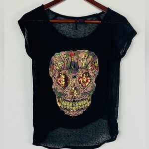 Black Women's Sequin Skull Short Sleeve Top
